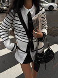 Women's Black And White Stripes Simple Fashion V-Neck Button Knitted Cardigan