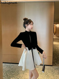Vestidos De Mujer Temperament Black Woman Dress Stand Neck Hollow Out Slim Waist Robe Femme Fashion Tunic Vintage