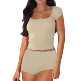 Women's Y2K Two Pieces Pajama Sets Lace Trim Bow Short Sleeve Square Neck T-shirt with Shorts Sleepwear Loungewear-Outfit
