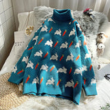 Korean Women Cartoon Knitted Jacquard Sweaters Autumn Winter Turtleneck Thick Pullovers Sueter Mujer Kawaii Harajuku