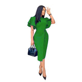 Leaves Sleeves Tight Banded Professional Solid Women's Dress African Large-Size