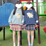 QWEEK Kawaii Doggy Hoodie Women Embroidered Blue Crewneck Sweatshirt Korean Winter 2021 Long Sleeve Cute Top Soft Girl