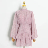 Chiffon Dress For Women Ditsy Floral Colorblock Slim Stand Collar Puff Long Sleeve A Line Dresses Female 2022