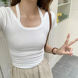 Desire Hot Girls Design Sense To Hang Neck U-Collar Short-Sleeved T-Shirt Summer New Style Waist Shows Slim All Kinds Of Short Style Blouse Trend-Outfit