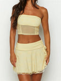 Sexy Women 2 Pieces Skirts Sets Mesh Patchwork Sleeveless Tube Crop Tops with Drawstring Mini Skirts Summer Outfits-Outfit