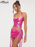 Silver Halter Drawstring 2 Two Piece Sets Summer Outfits For Women 2023 Sexy Hellow Out Mini Skirts Sets Backless