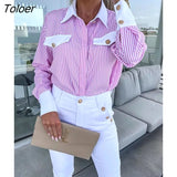 Office Lady Shirt Fashion Stripe Print Button Fake Pockets Blouses Women Elegant Tops 2023 Women's Clothing