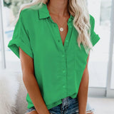 Summer Office Lady Solid Tops and Blouses Casual Turn-drow Collar Shirt for Women Elegant Short Sleeve Loose