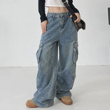 Station 2023Ins Fashionable Women's Wear Street Shoot Wind Big Pocket Lazy Overalls Low-Waisted Jeans Women's Autumn-Outfit