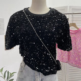 Sequin Short Sleeve T-Shirt 2025 Spring And Summer Korean Version Of Loose Night Club Bling Top