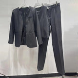 Solid Three Piece Set Womens V Neck Sleeveless Vest Notched Long Sleeve Blazer High Waist Wide Leg Pant Female