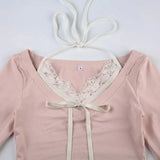 Pink Korean Style Slim-fit Knitted Tops Coquette Contrast Color Patchwork Cropped Top Aesthetic Long Sleeve Tops-Outfit