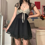 Patchwork Lace Cute Y2K Chiffon Dresses Women Square Collar Elegant Grunge Fairycore Clothes Ruffles Short A Line