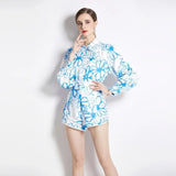 Piece Sets Womens Outfits Summer Holiday Runway Lantern Sleeve Floral Print Blouse Shirt + Pocket Wide Leg Shorts Suit