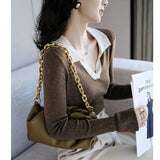 2021 Autumn Winter Women Knit Pullovers Korean Turn-Down Collar Long Sleeve Hit Color Patchwork Sweaters Women