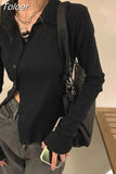 T-shirts Women Chic Tunic Long Sleeve Woman Tshirts Y2k Tops Single-breasted Irregular Tees Tops 2023 Blusas Mujer De