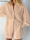 Summer White Elegant Jacquard Fabric Soft Vacation Suits Women Long Sleeves Shirts And Hot Pants Two Pieces