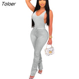 Solid 2 Two Piece Set Sleeveless Women Outfits Sets Lace Up Casual Woman Sets O-Neck Sexy Female Pants