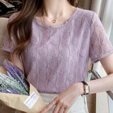 Women Blouse Short Sleeve O-Neck Hollow Lace Blouse Shirt Blouse Women Blusas Mujer De Moda 2021 Blouses Top Femme