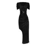 Irregular Green Patchwork Belt Gathered Waist Long Dress Female V Neck Short Sleeve Slim Dresses For Women 2021