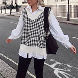 Houndstooth knitted sweater vest women V neck sleeveless oversized pullover vintage Fall winter female waistcoat