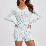 Women Floral Print Short Romper Spring Autumn Clothes V Neck Button-Down Long Sleeve Tight Jumpsuit Female Clothing-Outfit