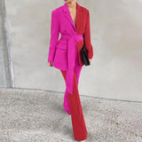 Women Suit Blazers VONDA Ladies Casual Lapel Coats Color Patchwork Autumn Office Formal Long Sleeve Thin Pant Sets no
