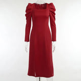 Square Collar Puff Sleeve Midi Dresses High Split Square Collar Autumn Vintage Chic Party Wear Elegant Female