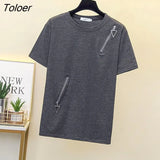 Fashion T Shirt Women Korean Style Oversized Tshirts O-neck All-match Tops Loose Short Sleeve Zipper T-shirt Womens