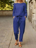 Women's Fashion Solid Color Casual Pocket Two-piece Simple Retro Elastic