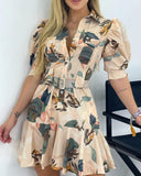 printed dress 2021 summer new ladies temperament high waist mid-length bubble short-sleeved