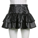Leather Mini Skirts Punk Style High Waist Lace Up Bandage Black Pleated Skirt Streetwear Girls Dark Academia Clothes-Outfit