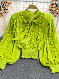 Autumn Women Ruffle Blouse Vintage Bow Collar Lantern Long Sleeve Short Tops Female Purple/Rose Red/Green/White Shirts
