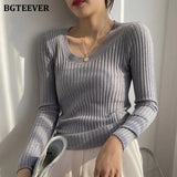 Autumn Deep O-neck Women Basic Slim Warm Knitted Tops Casual Skinny Stretch Long Sleeve Female Pullover Sweaters