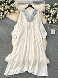 Fat Mm Large-Size Women's New Embroidery V-Neck Loose Long National Style Holiday Dress