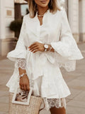 Elegant Lace Dress 2022 Summer 3/4 Flare Sleeve Solid Party Mini Vestidos Sexy V Neck Casual Ruffled Dresses Beach