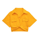 Women Safari Style Pockets Patch Knotted Linen Short Smock Blouse Lady Chic Kimono Cropped Shirt Blusas Tops-Outfit