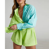Loungewear Women Blue Suits With Shorts Casual Loose Long Sleeve Cardigan Shirt Two Piece Set Sleepwear Summer