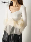 TWOTWINSTYLE Skinny Solid T Shirt For Women V Neck Long Sleeve Patchwork Mesh T Shirts Female Spring Fashion Clothing Style