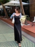 Xixi 2025 Spring New Korean Version High Waisted Elegant Suspension Dress V-Neck Solid Color Pure Desired Skirt