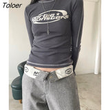 Grunge Stitch Patched Women T Shirt Vintage Korean Fashion Bodycon Grey Crop Tops y2k Long Sleeve Casual Kpop