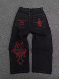Year Y2K Jeans Men's Wear Hip-Hop Retro Skull Water Washed Loose Jeans Casual Wide-Legged Pants-Outfit