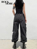 Rockmore Gothic Black Overalls Womens Cargo Pants Sling Bow Belt Dungarees Wide Leg Pants Casual Trousers