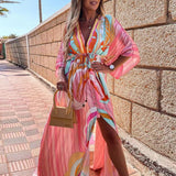 Vintage V Neck Printing Maxi Dress Women Casual Long Sleeve Button Elastic Waist Party Dress Boho Summer Beach Long
