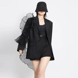 White Casual Blazer For Women Notched Collar Long Sleeve Patchwork Ruffle Trim Solid Blazers Female Fashion