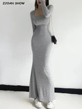 Sexy Square Collar Knitted Cotton Maxi Long Mermaid Dress Women Full Sleeve Stretch Basic Bodycon Fishtail Robe Vestido-Outfit