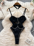 Chain Hollow Out Halter Camisole Rompers Transparent Short Fashion Jumpsuits Slim 2023 Women Summer Sexy