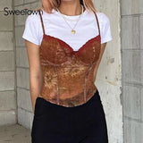 Black Goth Aesthetic Cami Crop Top Patchwork Lace Trim Vintage Girl Clothes Contrast Stitched Lace Up Summer