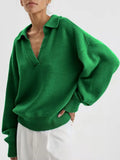 Polo Sweaters For Women Oversize Green Knit Tops Autumn Loose Womoen's Knitted Pulls Blue Pullover Women Oversize