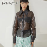Patchwork Casual Loose Solid Blouse Female Lapel Long Sleeve PU Shirts For Women Autumn Style 2021 New